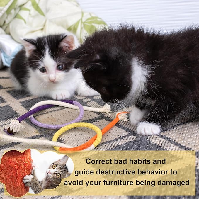 NQEUEPN 2pcs Cat Rope Chew Toys, 27.56x0.39in Premium Cotton String Chew Toy for Kitten Dental Toys Pet Goods Interactive Bite-Proof Supplies for Cats of All Ages (Purple, Orange)