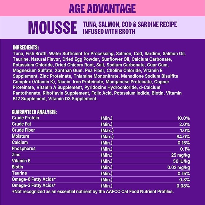 Wellness Appetizing Entrées Age Advantage Mousse Senior Wet Cat Food, Natural, Protein Rich, Grain Free, Tuna, Salmon, Cod, and Sardine Recipe, 1.4 oz, Pack of 8 Pouches