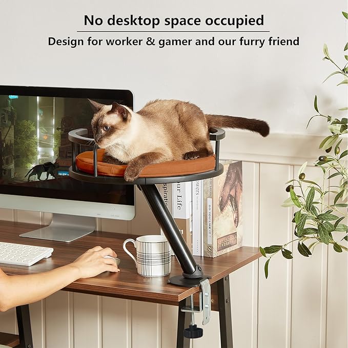 Cat Desk Bed - Desktop Attachment Cat Perch for Home Office, Spinnable Indoor Mounted Desk Bed, Elevated Nest for Work, Kitten Furniture Accessories(Black)