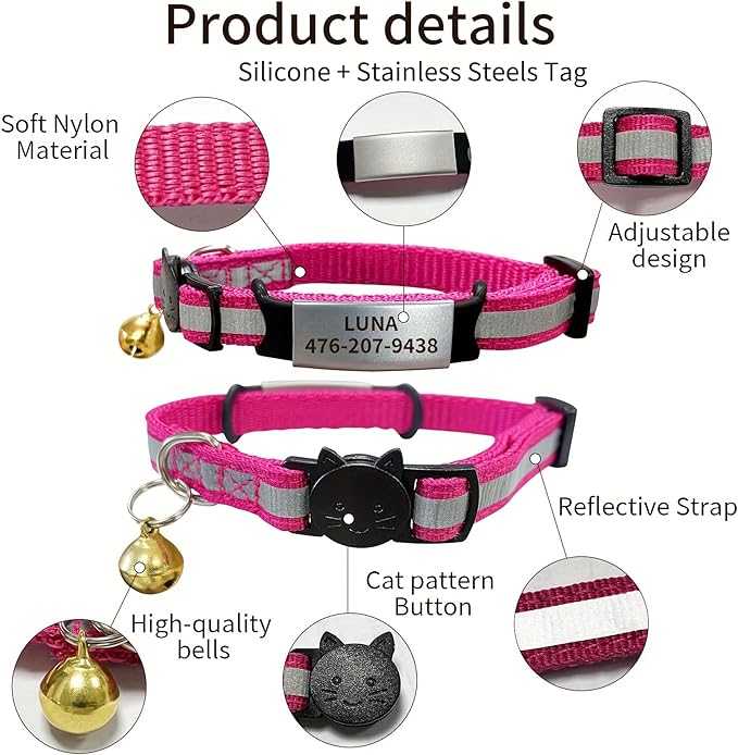 Personalized Reflective Cat Collars with Name Tag, Engraved Custom with Name and Phone, Nylon Breakaway Adjustable Identification Collar for Small, Medium, Kitty Cats