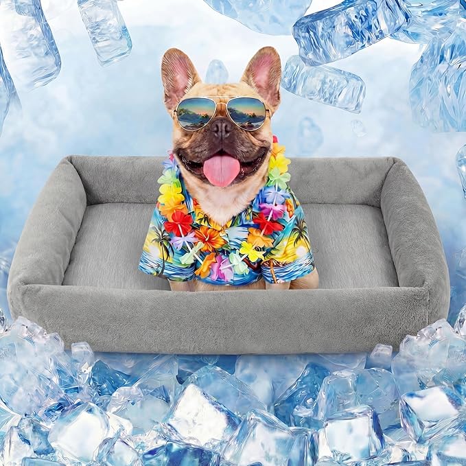 Washable Dog Bed for Large Dogs—Removable Inner Cushion & Reversible Design (Ice Silk Cooling Layer|Sherpa Fleece Layer), Non‑Slip Bottom Dog Beds for Crate, Medium, Small Dogs, Grey (24" X 15")