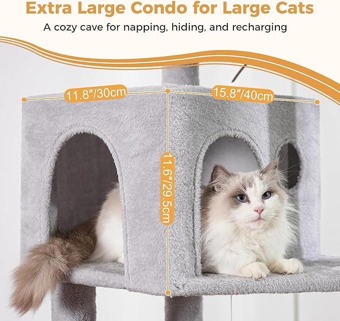 54" Cat Tree with Big Hammock 21x17” XL Cat Tower with Scratching Posts Featuring Large Top Bed, Scratcher Pad, Spacious Condo House and Detectable Ball for Indoor Cats-Large Gray