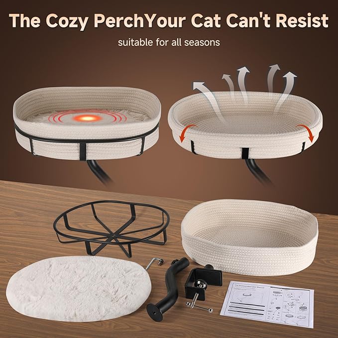 Cat Desk Bed with 360° Rotating Mount Attachment - Space-Saving Cats Hammock for Home Office/Computer Desks, Washable All-Season Indoor Pet Nest - Comfortable Perch (13.5IN-17.5IN)