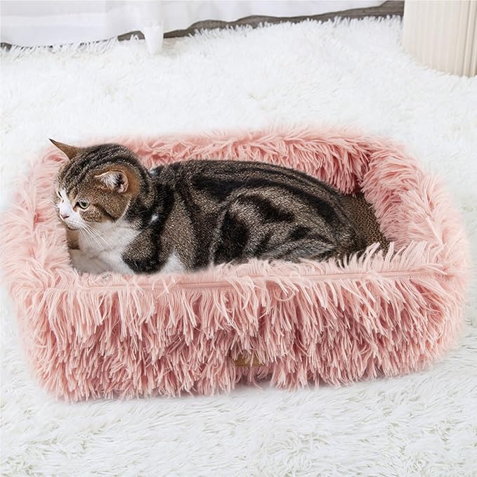 Fluffy Cat Scratcher Bed Box with Removable Cardboard, Corrugated Board Rectangular Cat Scratching Lounge, Pet Scratch Pad for Furniture Protection (Pink)