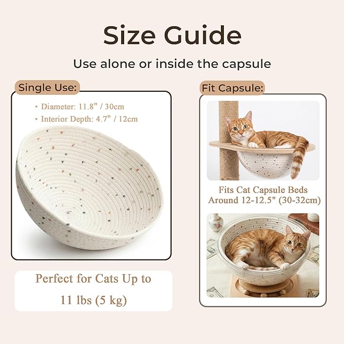 Cotton Rope Cat Bed Mat for Space Capsule, 11.8" Breathable Round Nest Liner, All-Season Warm & Cooling Pet Pad, Washable Scratch-Resistant Bedding for Cat Tree & Clear Bowl