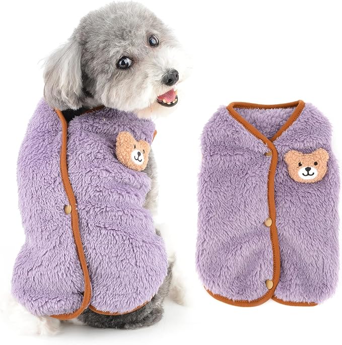 Fleece Small Dog Sweater, Solid Pet Vest with Bear Patch Elastic Soft Outfits Puppy Clothes Warm Fall Winter Apparel for Cat Chihuahua Yorkie,Purple,L