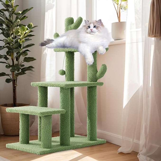 HOMBYS Cautus Cat Stairs for Old Cats & Dogs, Pet Steps for High Beds, Couch & Window,Vertical Cautus Green Cat Tree with Dangling Balls for Indoor Pets Climbing Playing, Holds Up to 150 Lbs,