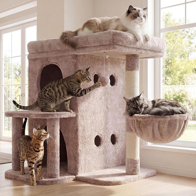 Heybly Cat Tree, 26.3-inch Cat Tower with Spacious Top Perch for Large Cats, Stair-Style Cat House Furniture with Dual-Layer Condos, Sisal Scratching Posts, Cozy Basket & Pompom, Muchroom HCT204SMU