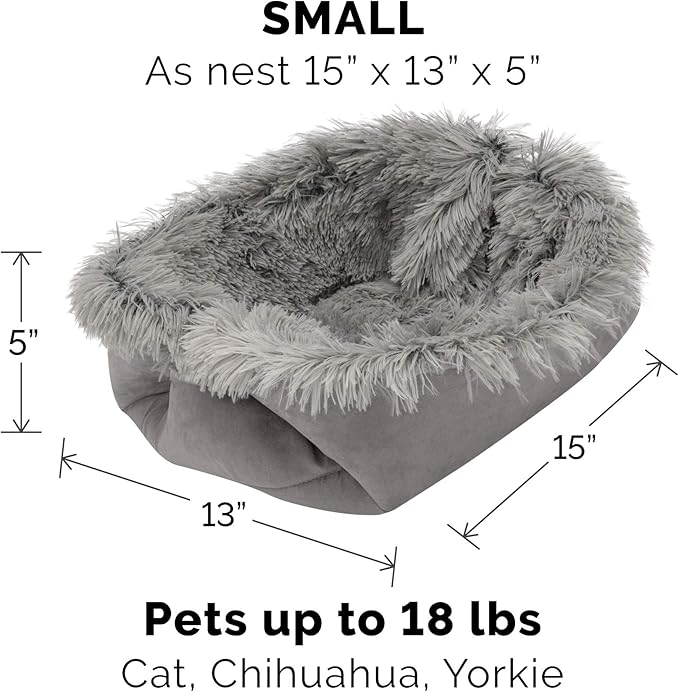 Furhaven Self-Warming Cat Bed for Indoor Cats, 4-Beds-in-1 & Washable - Plush Long Faux Fur Convertible Cuddler - Gray, Small