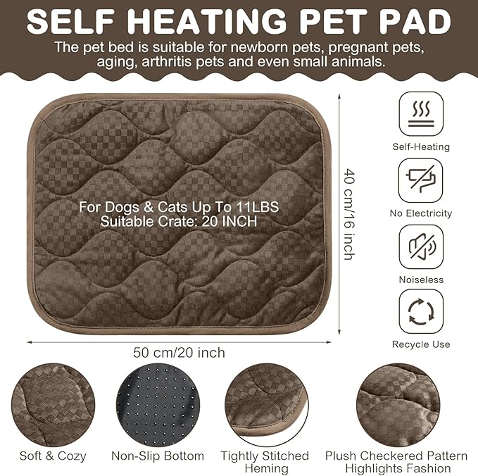 Tujoe 4 Pack Self Warming Cat Mat Self Heating Cat Pad Warm Thermal Pet Bed Washable Dog Crate Pad Body Heat Dog Bed Mat Blanket Non Slip Bottom for Outdoor Indoor Pets (Coffee,16 x 20 Inch)