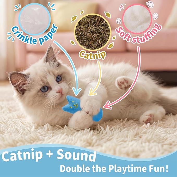 5Pcs Cats Toys Set, Interactive Kitten Toy for Indoor Kitty with Fuzzy Bell Balls Crinkle Catnip-Filled Toys Ball of Yarn Mice for Boredom Relief & Exercise - Mixed Color