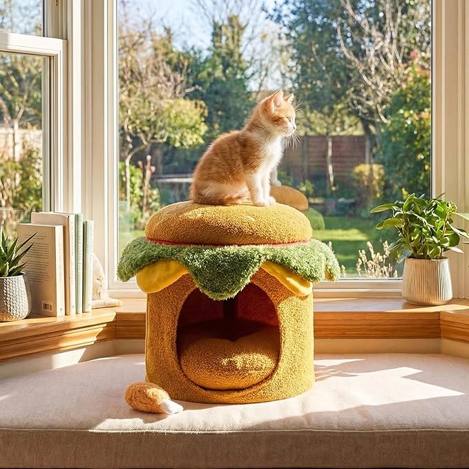 PETSITE 3-in-1 Burger-Inspired Cute Cat House, Multifunctional Cat Ottoman with Interactive Cute Chicken Drumstick-Shaped Toy and Removable Soft Cushion, Cat Hideaway Footstool for Indoor Cats
