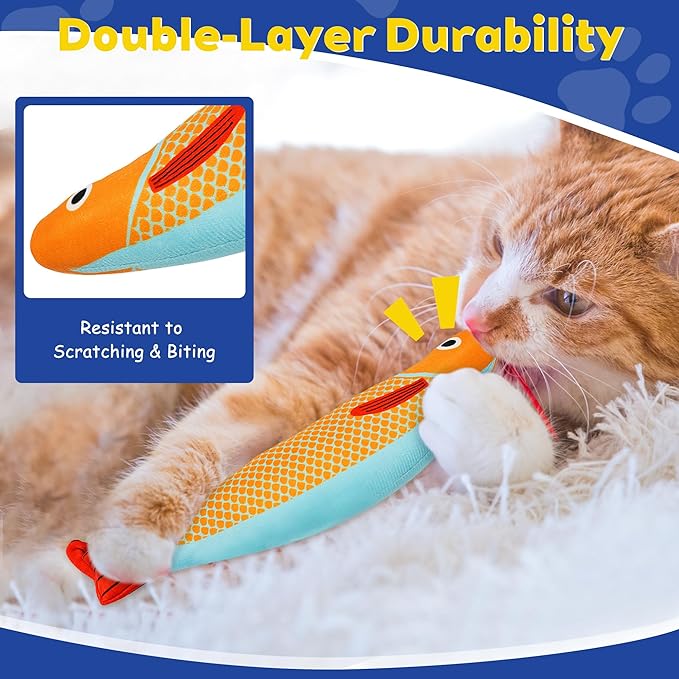 3D Realistic Catnip Cat Toys 3 Pack, Durable Catnip Fish Kicker Toy for Indoor Cats, Interactive Cat Chew Toy for Teething & Biting, Rattle Fish Toy