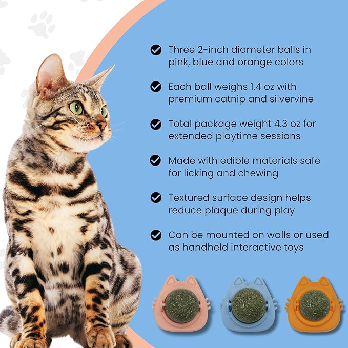 Catnip Balls for Cats Wall - 3 Pack Edible Kitty Toys for Cats Lick - Safe Healthy Kitten Chew Toys - Teeth Cleaning Dental Cat Toys - Silvervine 2 Inch Pink Blue Orange