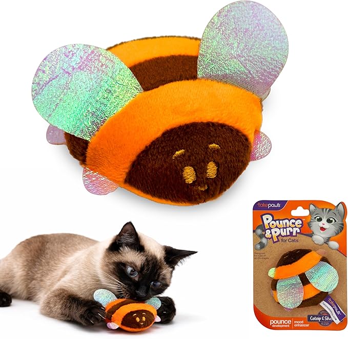 Pounce & Purr® Plush Cat Toys, Catnip & Silvervine Infused, Shiny Iridescent Accents, Interactive Play Toys for Cats & Kittens (Bee)