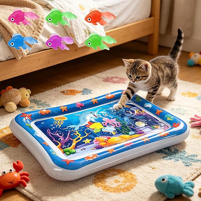 2 Pack Upgraded 0.8MM Thickened Cat Water Mat with Fish, Interactive Cat Toy for Indoor Cats to Exercise, Cooling & Heating Water Bed Sensory Play Mat for Bored Adult Kitten Cats to Hunting