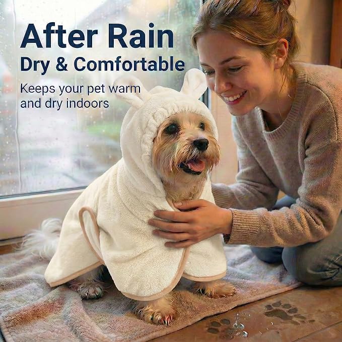 Dog Bathrobe Super Absorbent Towel for Small Dogs Cats Fast Drying Dog Robe Coat with Hood Puppy Cat Bath Towel Wrap Pet Grooming Supplies After Shower (White,S)