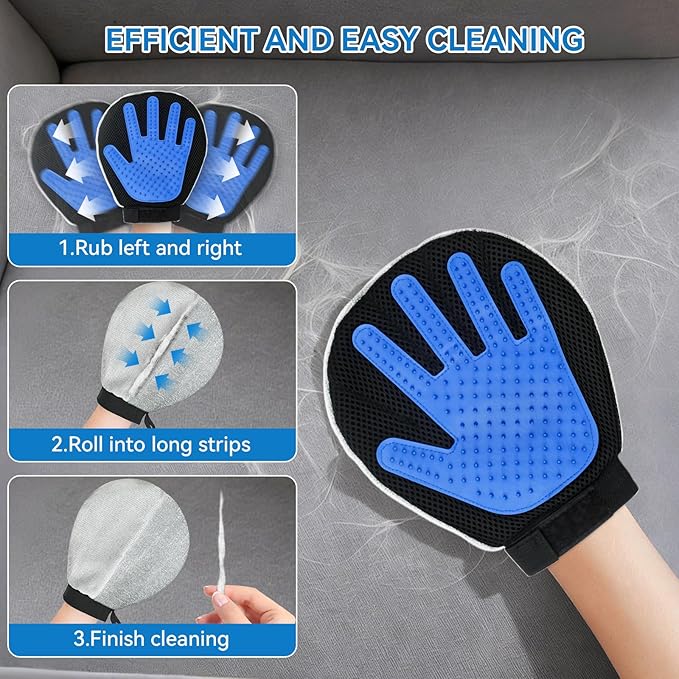 Pet Hair Removal Gloves Dual-Sided Electrostatic Hair Removal and Silicone Fur Gentle Deshedding Efficient Brush for Dog and Cat Reusable Pet Fur Grooming Glove for Couch, Clothing, Carpet, Car Seat