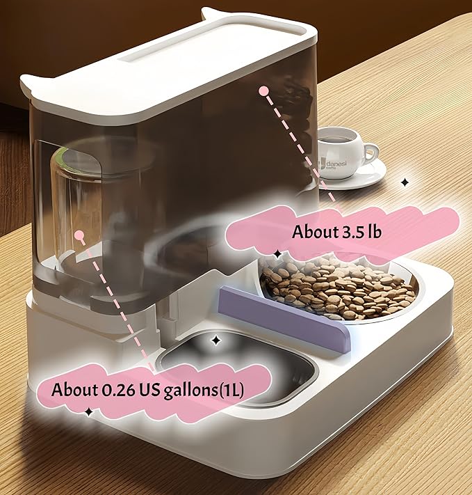 2-in-1 Automatic Pet Feeder and Water Dispenser, Stainless Steel Smart Food Water Bowl for Cats and Dogs, for Home Use (Gray)