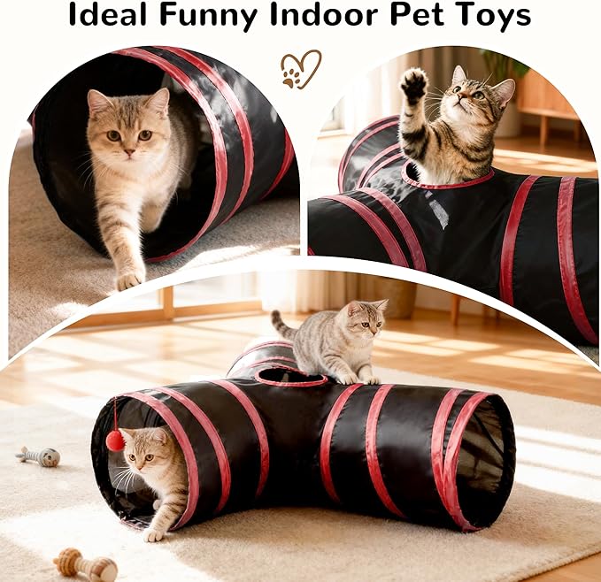 Tempcore Cat Tunnel for Indoor Cats, 3-Way Collapsible Play Tunnel with Teaser Wand, Peek Holes & Toy Ball, Small Pet Toy for Kittens & Rabbits, Black & Red
