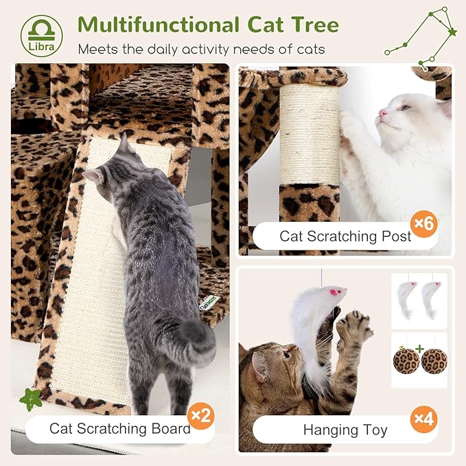 Globlazer Heavy Duty Cat Tree 78 inch Sturdy Cat Tower for 20lbs Large Adult Cats, Symmetrical Aesthetic Big Cat Tree with Extra Large Platform, 2 Scratching Boards, Z78, Leopard Print