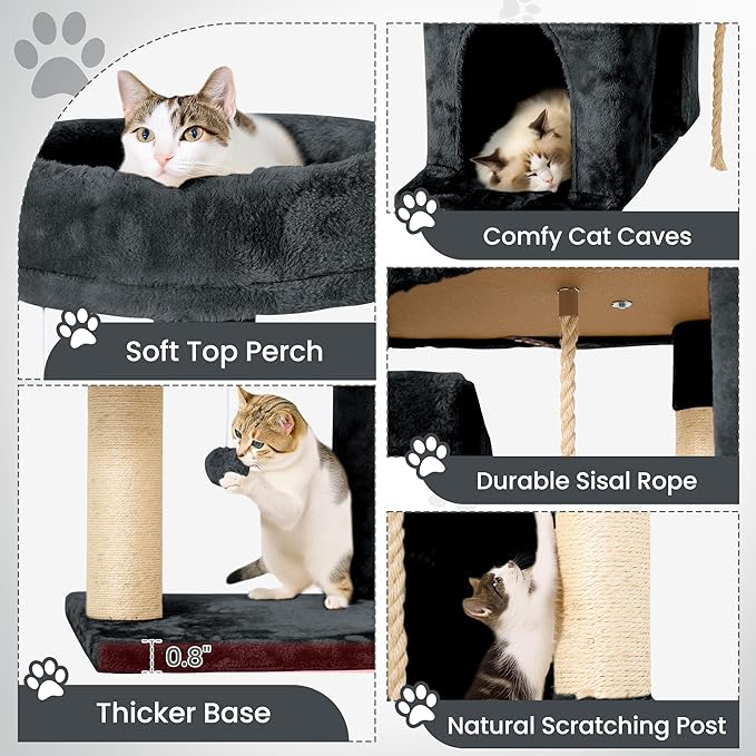 58.5inch Large Cat Tree Tower Condo for Indoor Cats, Soft Plush Multi-Level Climbing Tree Cat House with Cat Cave, Scratching Post, More Entrance/Exit, Sisal Rope, Deep Grey