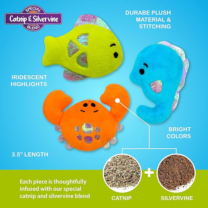 Pounce & Purr® Plush Cat Toys, Catnip & Silvervine Infused, Shiny Iridescent Accents, Interactive Play Toys for Cats & Kittens (Colorful Seashine Series)