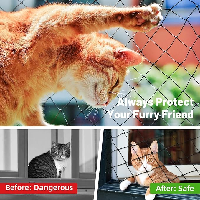 Lewondr Cat Netting Balcony, 10x6.5ft Steel Wire Reinforced Balcony Screen for Pets, Anti-Fall Pet Mesh Fence Cat Safety Net for Balcony, Window, Stair, Patio