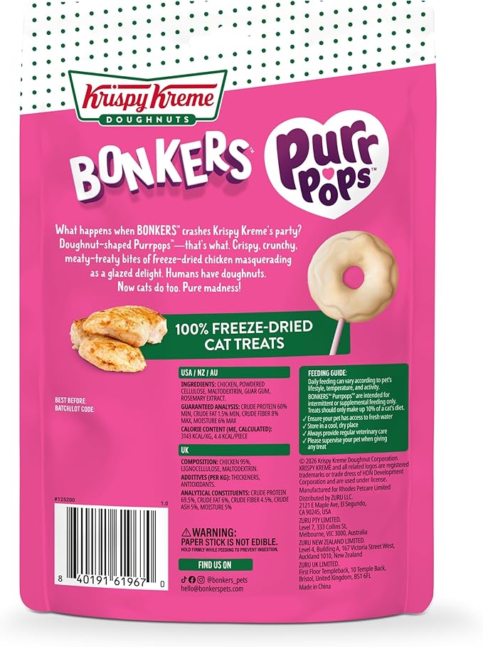 Bonkers Purrpops Krispy Kreme Limited-Edition Freeze-Dried Chicken Flavored Lollipop Cat Treats, 4 Pieces (Pack of 12)