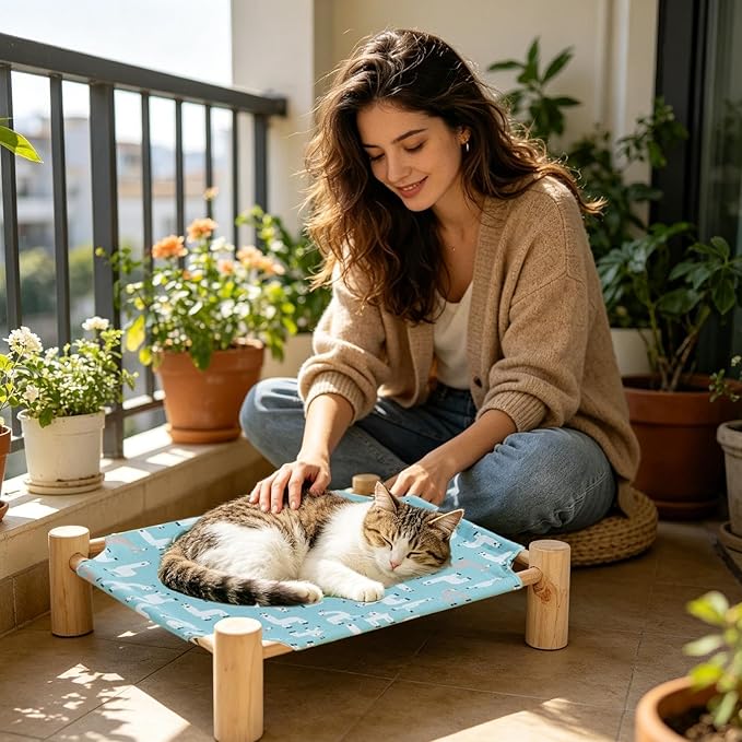 Raised Cat Bed - Wooden Dog Elevated Indoor Outdoor Bed, Cat and Dog Hammock Cot, Removable Sleeping Furniture for Home Living Room Apartment Dorm Outdoor Patio Balcony Porch Corner