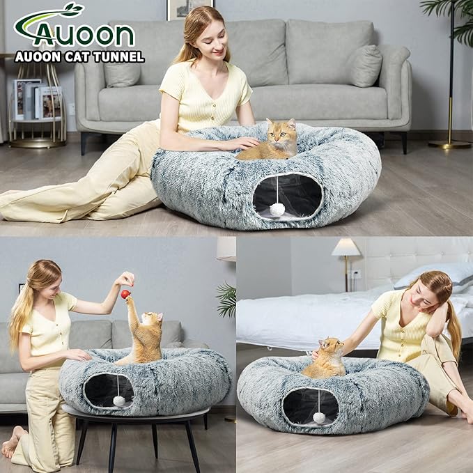AUOON Cat Tunnel Bed for Indoor Cats - Large Cat Donut Tunnel with Hanging Ball Toy, Collapsible 2-in-1 Multifunctional Interactive Cat Toy for Kitten, Puppy, Rabbit, Ferret (Gray)