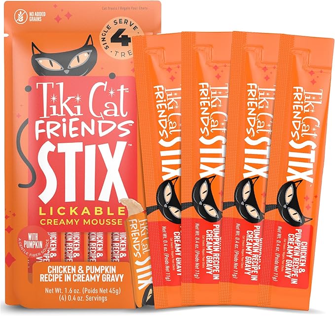 Tiki Cat Friends Stix Mousse Treats, Single Serve Lickable Treat or Dry Food Topper, with Chicken & Pumpkin in Gravy, 1.6 oz. Pouch