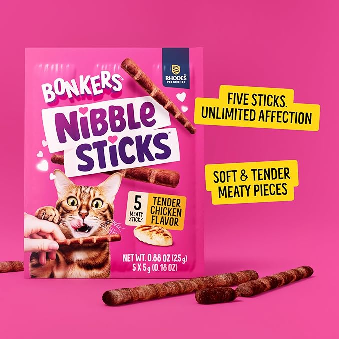 Bonkers Nibble Sticks Soft & Meaty Tender Chicken Flavor Cat Treats, 5 Sticks (Pack of 20)