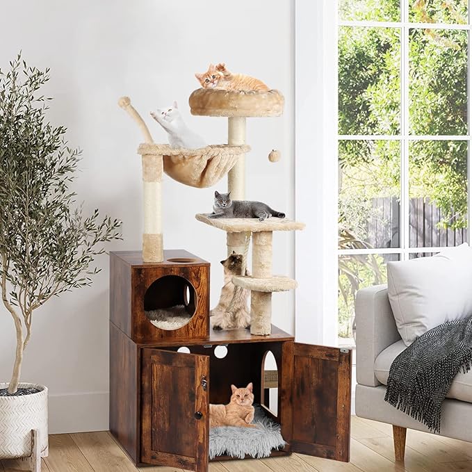 Timberer Cat Tree with Litter Box Enclosure, 2-in-1 Cat Tower for Indoor Cats, Large Wood Cat Condo with Basket, Scratching Posts, Pompoms, Rustic Brown