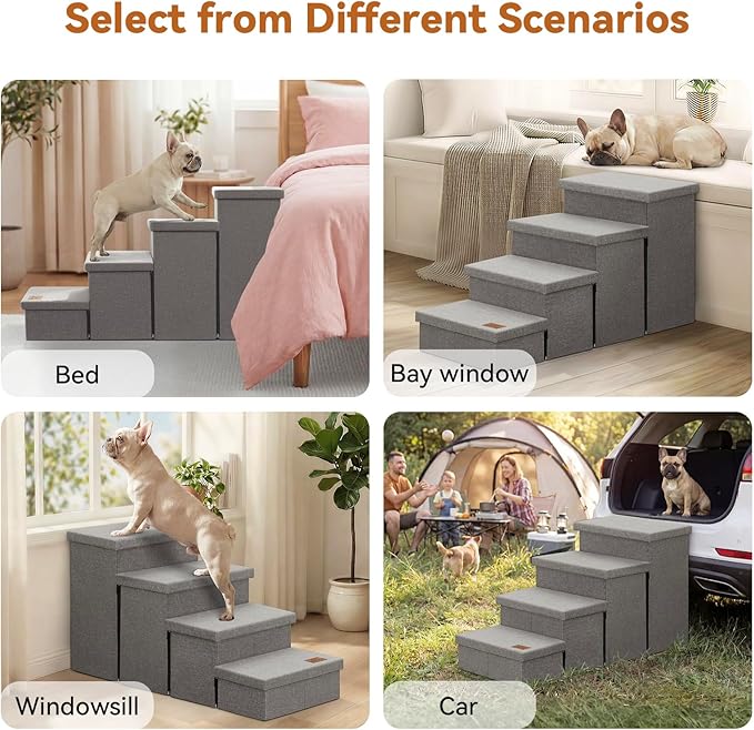 Zerbuger Dog Stairs with Storage 23" H, 4-Step Wider Dog Steps for High Beds Window, Folding Sturdy Pet Stairs Gift for Injured Old Dogs Cats, Ramp for Climbing Car Up to 200 lbs,(Gray, No Condo)