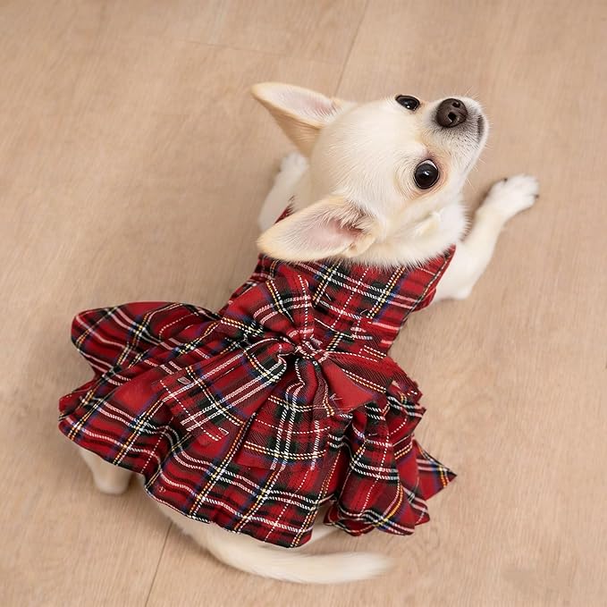 Classic Plaid Dog Dress with Bow Tie for Small Dogs Cats Girls, Cute Puppy Dresses Clothes with Bowknot Chihuahua French Bulldog Pet Apparel Outfits (Cranberry Red, XX-Small)