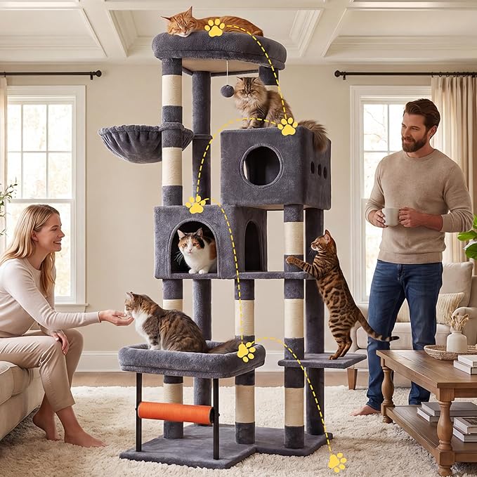 Hey-brother Cat Tree, 68.5 inch Cat Tower with L-Shaped Extended Base, Multi-Level Plush Furniture with 2 Spacious Candos, 2 Platforms, 11 Scratching Posts, Hammock and Toy Ball, Smoky Gray MPJ086G
