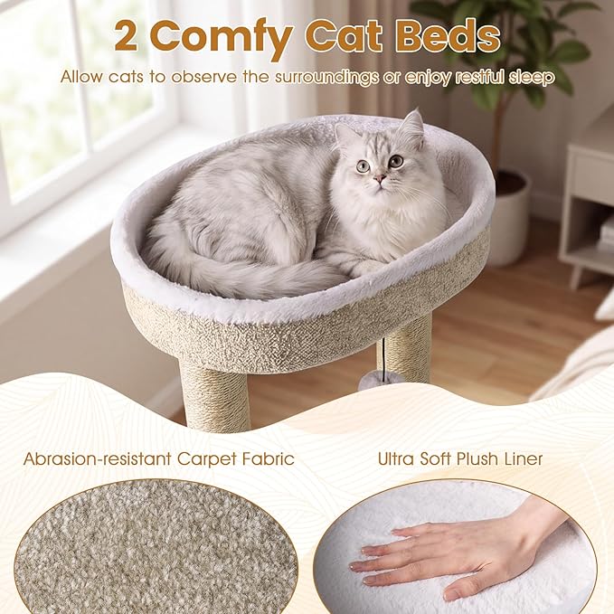 PETSITE 36-inch Modern Cat Tree, Multi-Level Cat Tower with Scratching Posts, 2 Comfy Cat Beds, Interactive Hanging Ball, and Spring Toy, Ideal for Indoor Cats and Kittens
