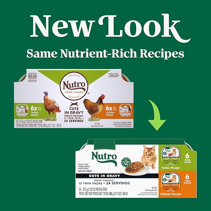 Nutro Perfect Portions Wet Cat Food Gravy Cuts Variety Pack, Cat Food Wet Recipe, Turkey or Chicken Recipe, 2.6 oz. Twin-Pack Trays, 12 Pack
