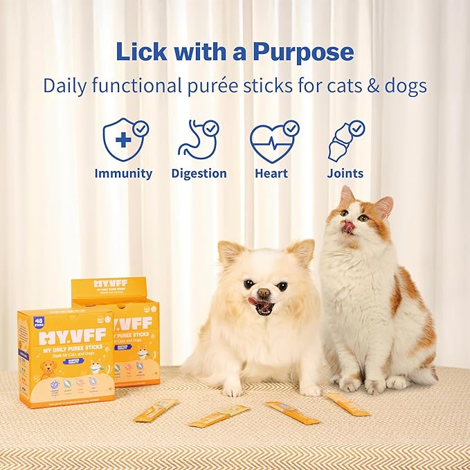 My Daily Puree Sticks for Cats & Dogs, 48 Healthy Lickable Treats – Vet-Formulated Cat Tube Treats & Dog Snacks with Taurine, Glucosamine, Omega-3 & Postbiotics, Made in Korea