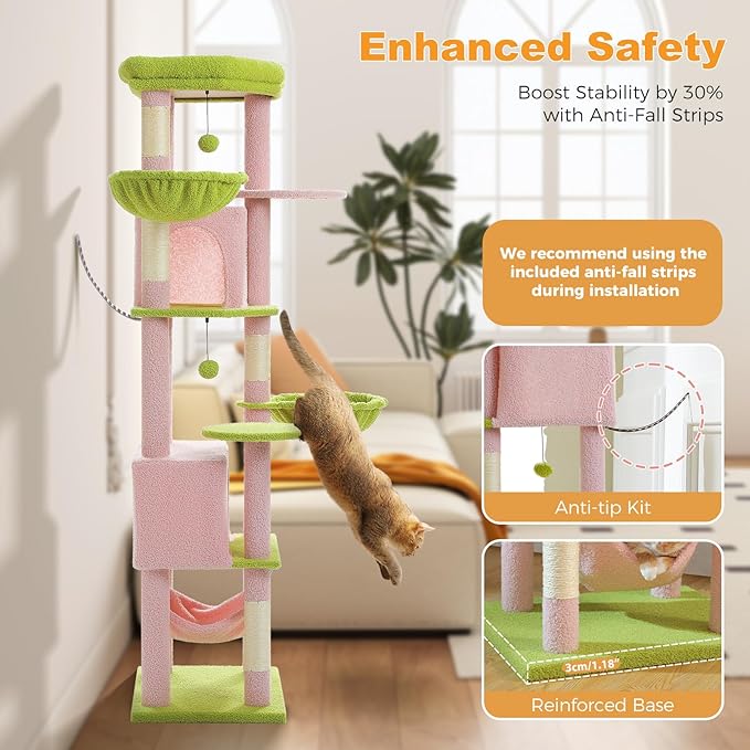 MUTTROS Flower Cat Tree for Large Indoor Cats, 71.2-Inch Tall Multi-Level Cat Tower with Scratching Posts, 3 Soft Hammocks, 2 Large Condos, Super Big Perch & Pompoms for Multi-Cat Households, Pink