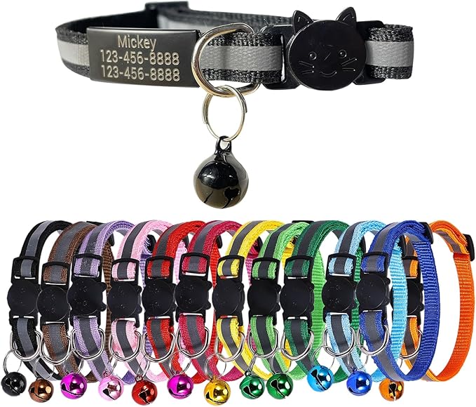 2 Pack Personalized Reflective Cat Collar Breakaway Cat Collars with Name Plate and Bell,Cat Collar with Personalized