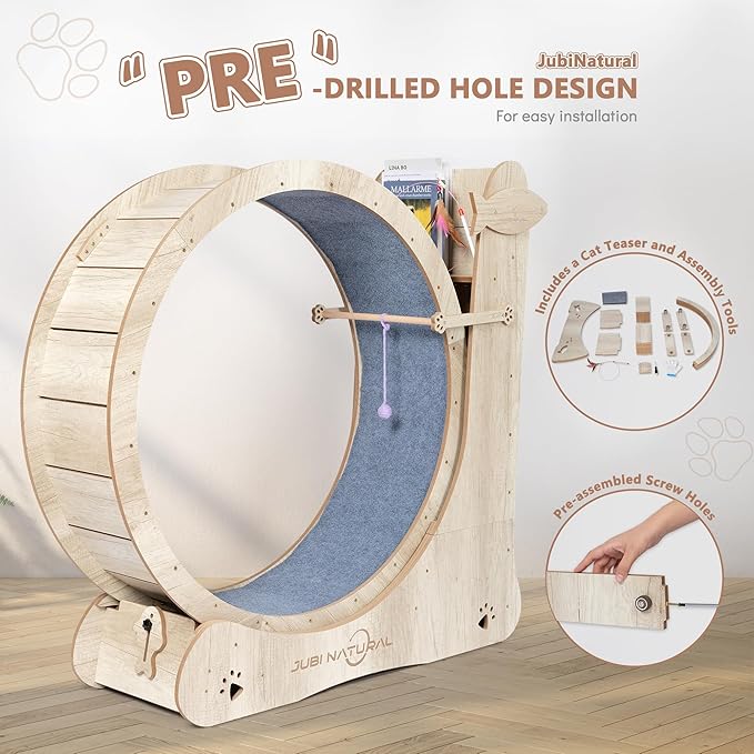 Cat Exercise Wheel for Indoor Cats, 35.9" Compact Cat Running Wheel with Scratching Board, Teaser Toy & Storage Shelf, Quiet Carpet Track, Safety Lock & Anti-Pinch Design, Space-Saving Cat Treadmill