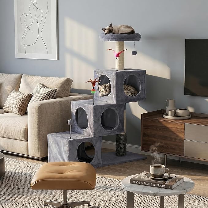 Cat Tree Tower for Indoor Cats, Cat Tree with 3 Spacious Cat Houses & Condos, Full Sisal Scratching Posts and Cat Scratcher Toys, Grey