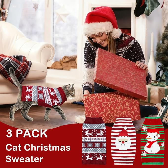 GOYOSWA 3 Pack Cat Christmas Sweater, Knit Pet Cat Dog Sweaters Warm Coat Clothes Santa Reindeer Snowman Christmas Sweater Outfit for Cats Puppy Dogs M