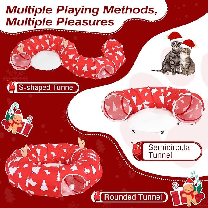Cat Tunnel Bed Under Christmas Tree, 35' Xmas Peekaboo Cat Cave with Toy Balls and Circle Cushion. Multifunctional Playground Pet Toys Gifts for Kitty, Rabbit and Small Animals, Red + White
