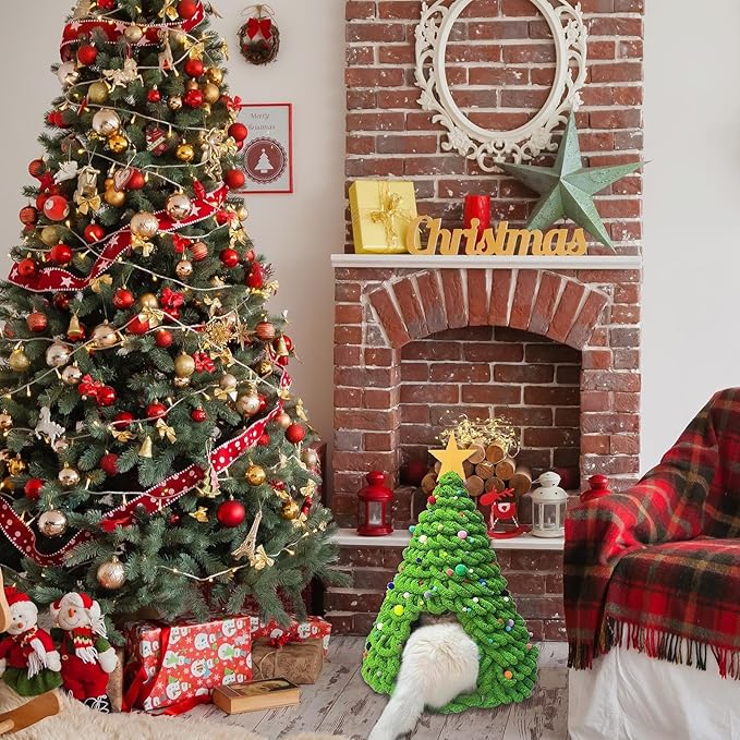 Cat Christmas Tree Bed - Fun Tent Cave House, Kitten Bed Furniture Set with Plush Comfortable Material, and Pet Hideaway for Cats, Dogs, Indoor & Outdoor Use, Family, Friends, Pet Enthusi