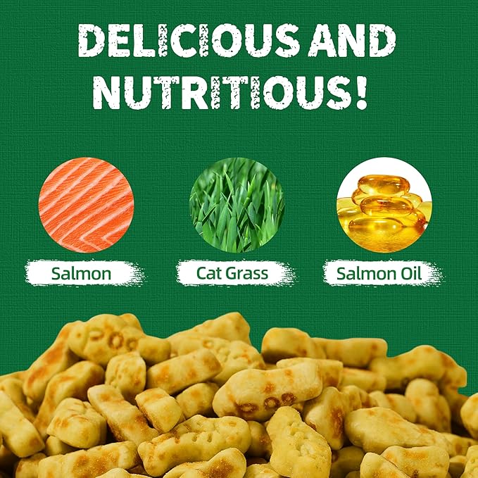 Just Try 36 OZ Cat Grass Treats Salmon Oil Natural Salmon Kitten Healthy Cat Treats Training Biscuits Snacks Fish Oil Omega 3 Supplements for Cats Joint Support & Skin Coat Health