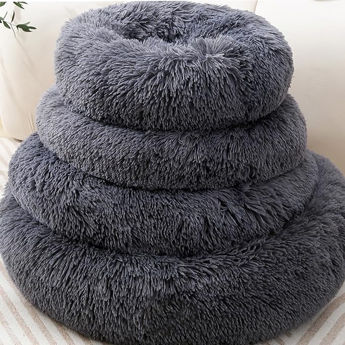 Round Donut Cat Bed Dog Bed Plush Calming Pet Beds Fluffy Rabbit Cave Warm Dog Couch Non Slip Bottom for Pets Up to 18KG