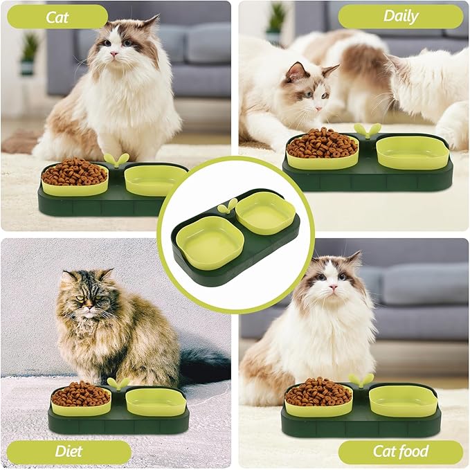 PRETYZOOM Plastic Cat and Dog Bowl Set with Stand, Indoor Pet Feeding and Watering Dish, Non-Slip Puppy Feeder, Dark Green Dual Bowls for Cats and Small Dogs